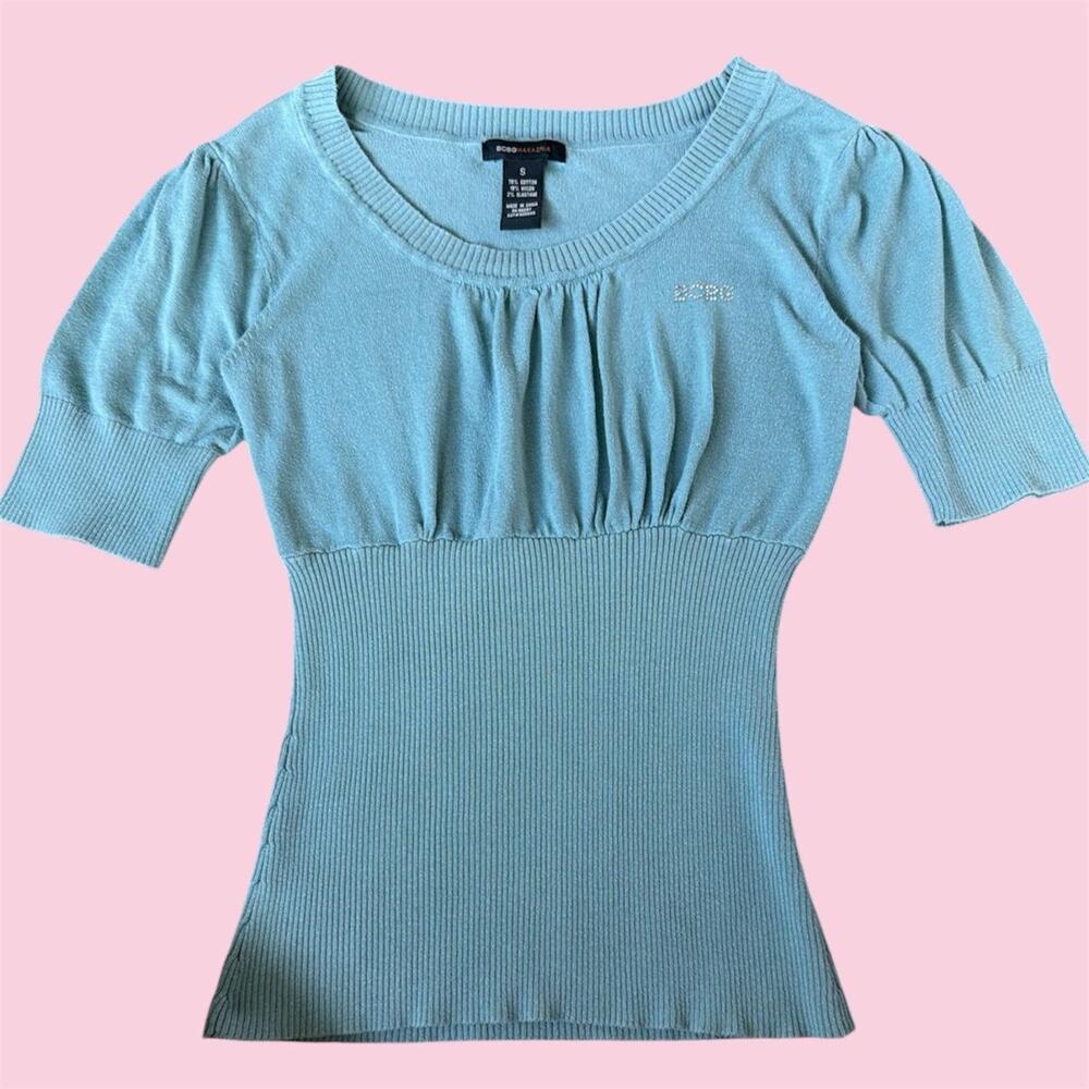 BCBGMAXAZRIA baby blue cotton blouse with rhinestone logo, size S